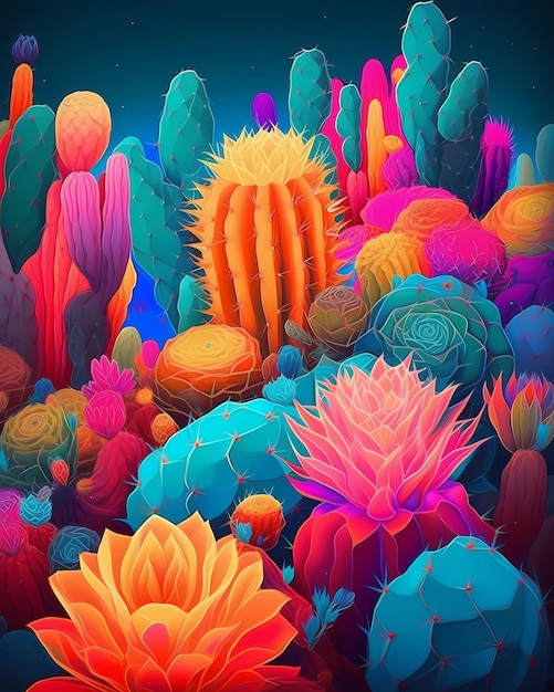 Un'illustrazione colorata di un cactus con un cactus e uno sfondo blu.