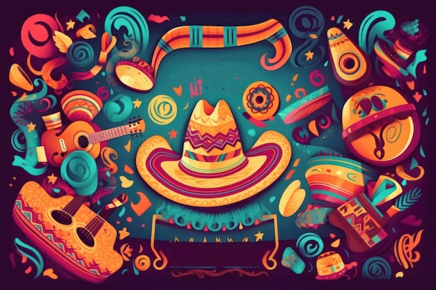 Un'illustrazione colorata di un cappello messicano e una chitarra.