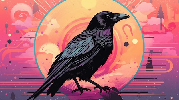 Un'illustrazione colorata di un corvo con un co nero