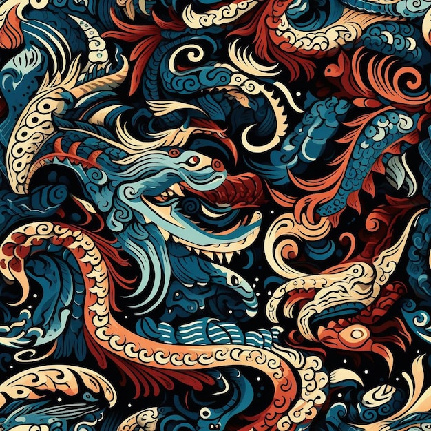 Un'illustrazione colorata di un drago con sopra un serpente.