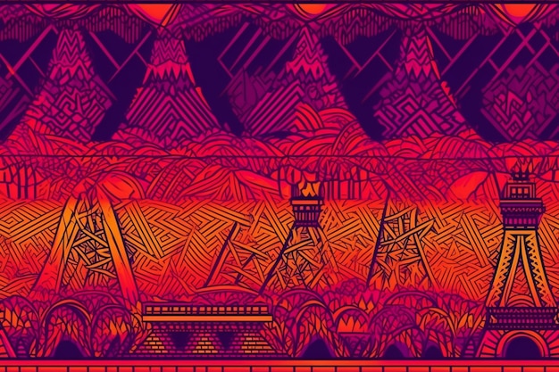 Un'illustrazione colorata di un faro con una montagna sullo sfondo.