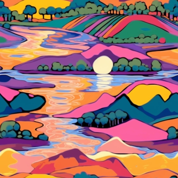 Un'illustrazione colorata di un fiume con montagne e alberi sullo sfondo.