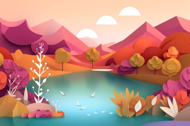 Un'illustrazione colorata di un fiume con un lago e montagne sullo sfondo.