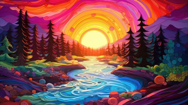 Un'illustrazione colorata di un fiume con un tramonto sullo sfondo.