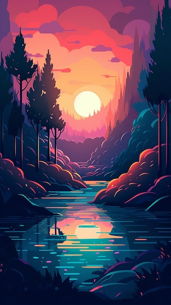 Un'illustrazione colorata di un fiume con un tramonto sullo sfondo.