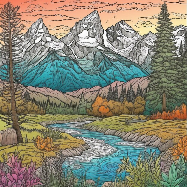 Un'illustrazione colorata di un fiume e montagne con una montagna sullo sfondo.