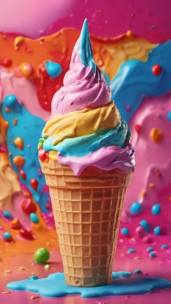 Un'illustrazione colorata di un gelato colorato con uno sfondo colorato.