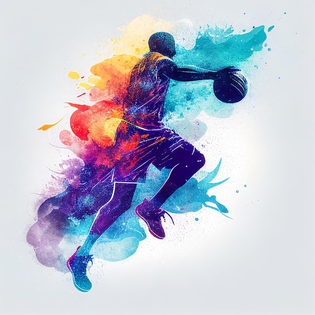 Un'illustrazione colorata di un giocatore di basket con la palla in mano.