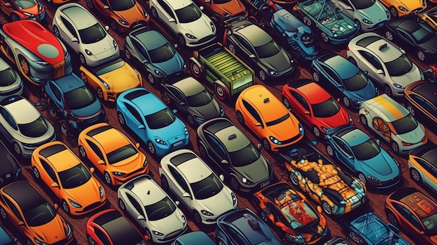 Un'illustrazione colorata di un gruppo di auto