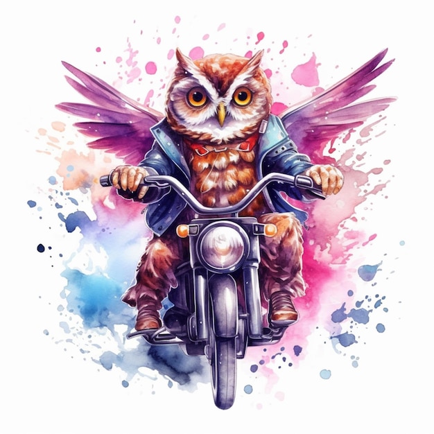 Un'illustrazione colorata di un gufo cartone animato con le ali su una moto