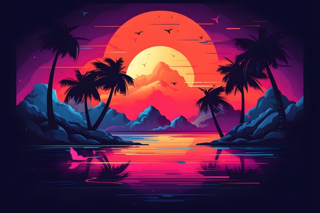 Un'illustrazione colorata di un'isola tropicale con palme e il sole sullo sfondo.