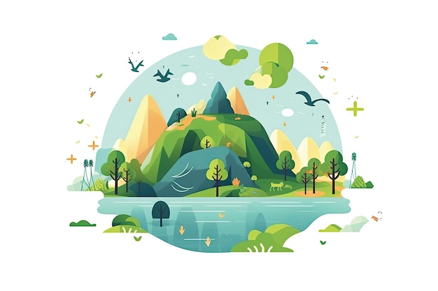 Un'illustrazione colorata di un lago di montagna con un lago e alberi.