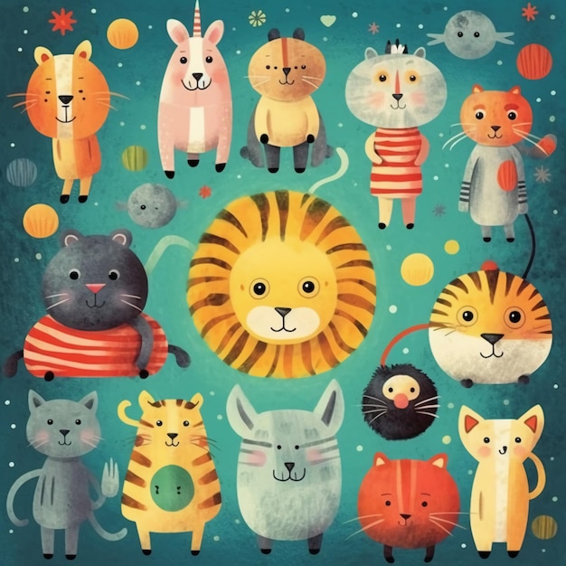 Un'illustrazione colorata di un leone, un gatto, un gatto, un gatto, un gatto, un gatto, un gatto, un gatto e un topo.