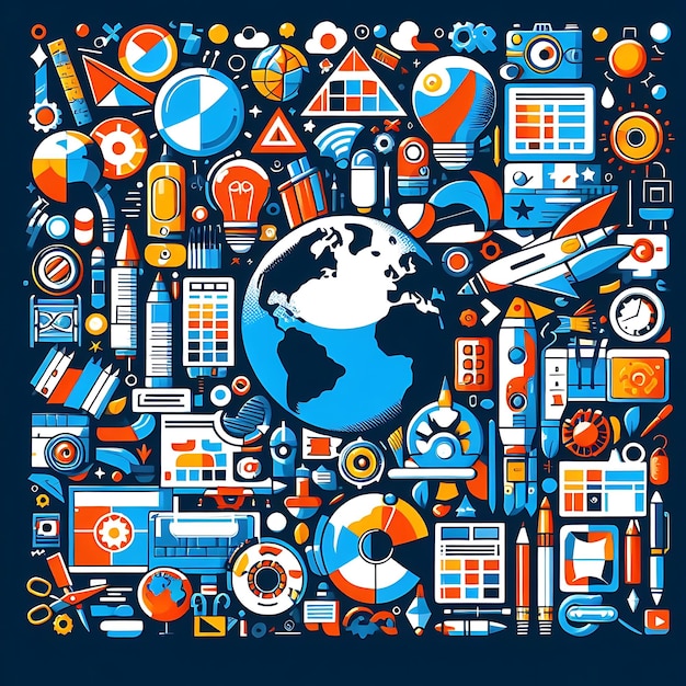 un'illustrazione colorata di un mondo con uno sfondo blu e le parole "terra"