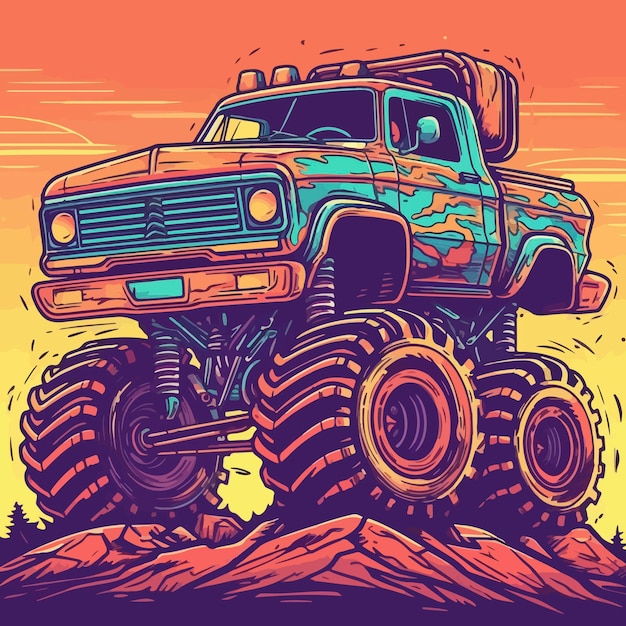 Un'illustrazione colorata di un monster truck