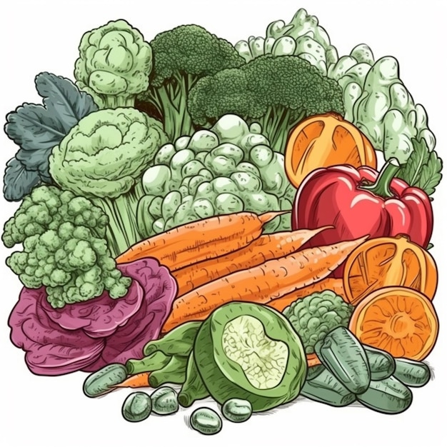Un'illustrazione colorata di un mucchio di verdure.
