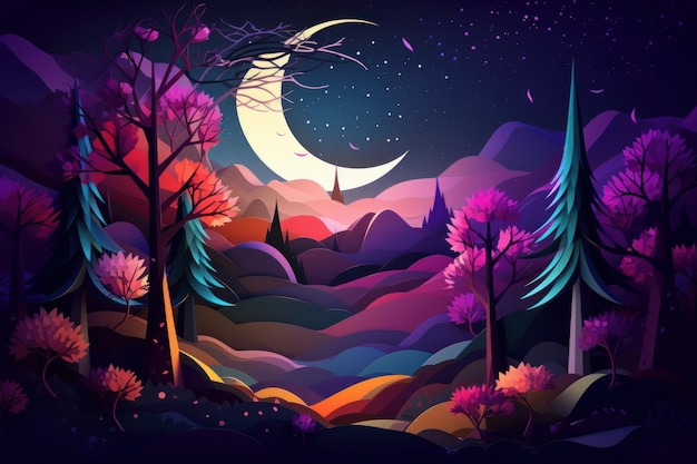 Un'illustrazione colorata di un paesaggio con una luna nel cielo.