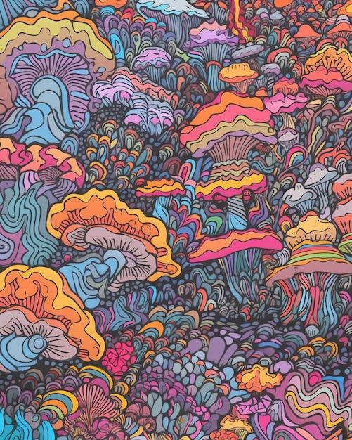 Un'illustrazione colorata di un paesaggio di funghi.