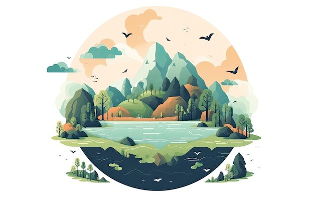 Un'illustrazione colorata di un paesaggio montano con un lago e montagne sullo sfondo.