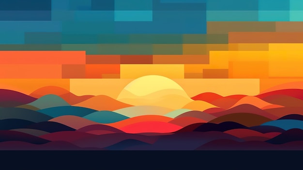 Un'illustrazione colorata di un paesaggio montano con un tramonto sullo sfondo.