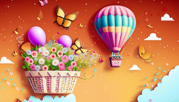 Un'illustrazione colorata di un palloncino e fiori con un cesto di fiori e farfalle.