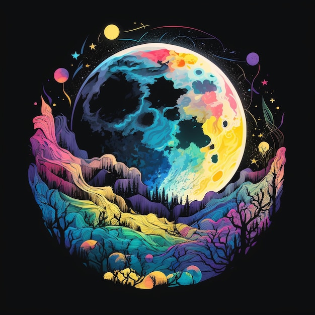 Un'illustrazione colorata di un pianeta con una luna sullo sfondo.