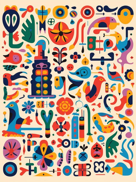 Un'illustrazione colorata di un quadrato con vari oggetti e simboli generativi ai