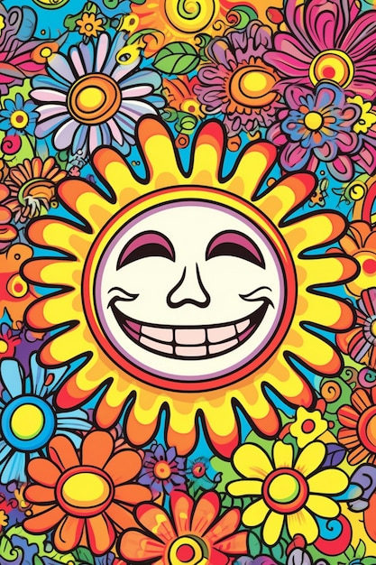 un'illustrazione colorata di un sole con una faccia sorridente.