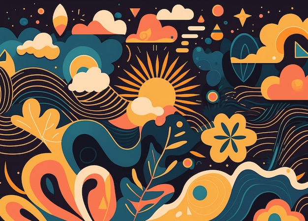 Un'illustrazione colorata di un sole e nuvole e fiori Floral doodle background