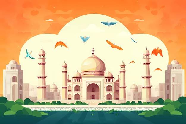 Un'illustrazione colorata di un taj mahal con un tramonto sullo sfondo.