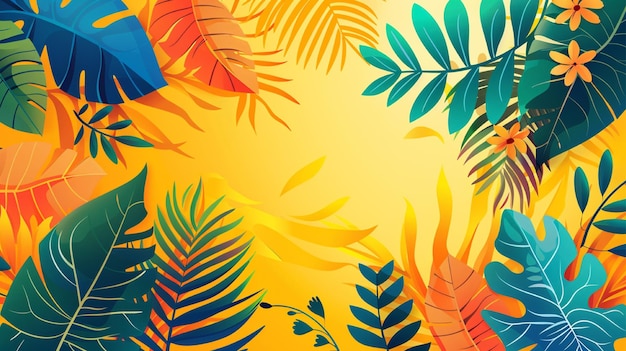 un'illustrazione colorata di un tramonto tropicale con foglie sullo sfondo