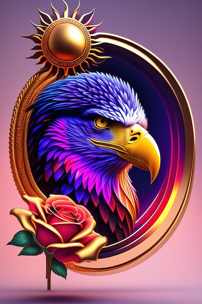 Un'illustrazione colorata di un uccello con una rosa sul retro