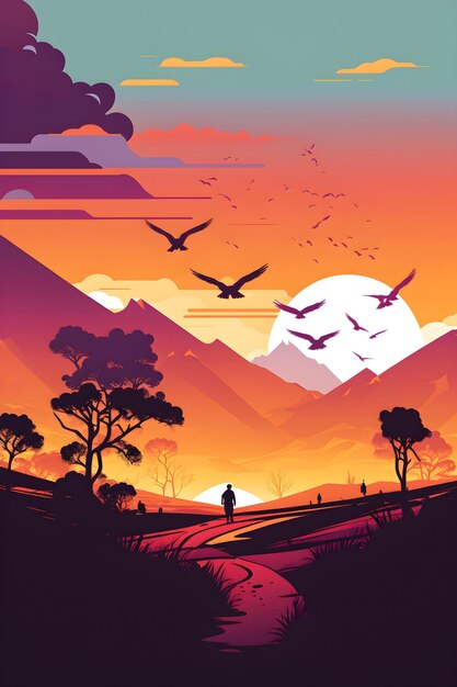 Un'illustrazione colorata di un uomo che cammina davanti alle montagne con un tramonto sullo sfondo.