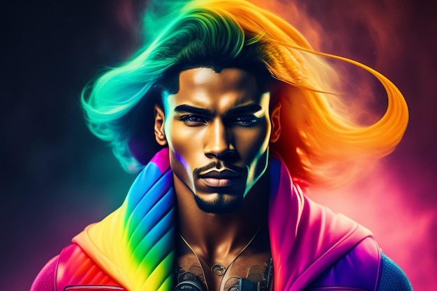 Un'illustrazione colorata di un uomo con i capelli arcobaleno.
