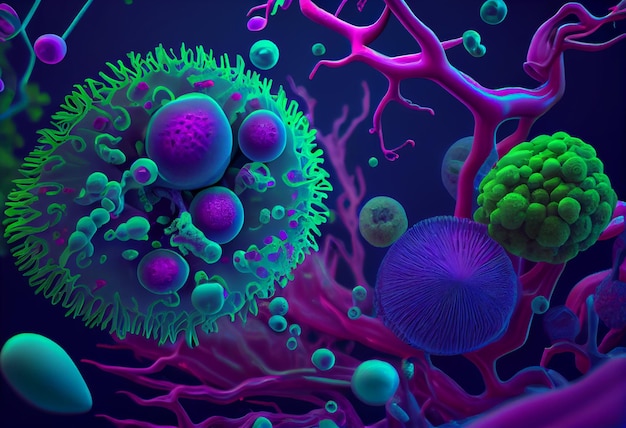 Un'illustrazione colorata di un virus e di un virus.