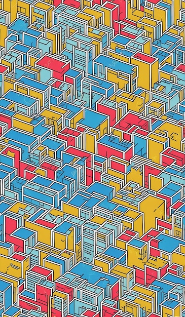 Un'illustrazione colorata di una città con molti edifici su di essa.