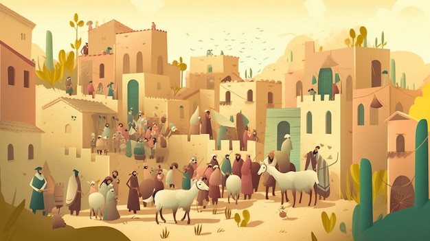 Un'illustrazione colorata di una città con un gruppo di persone e un gruppo di pecore.