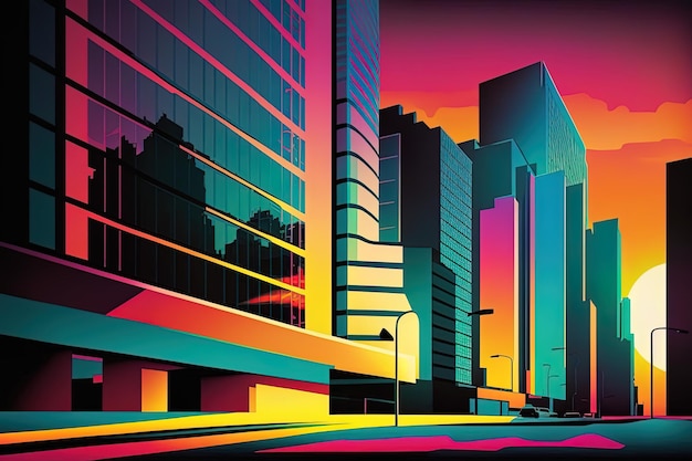 Un'illustrazione colorata di una città con un'insegna al neon che dice la parola su di essa