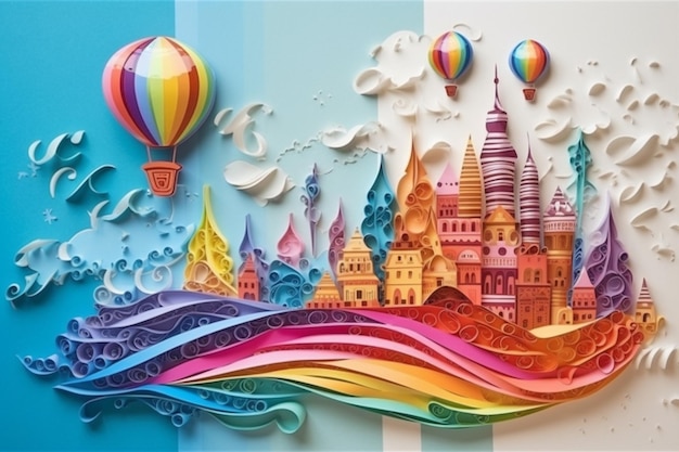 Un'illustrazione colorata di una città con un pallone e una città sullo sfondo.