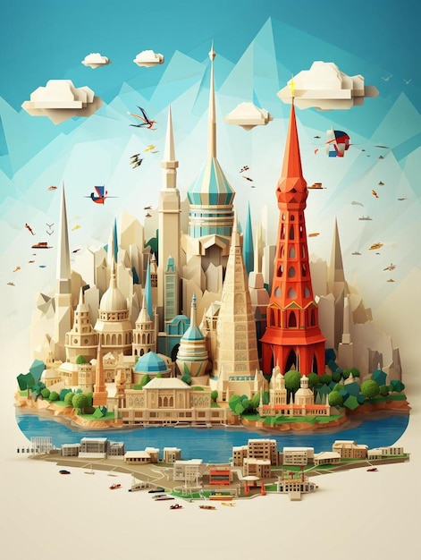 Un'illustrazione colorata di una città con un uccello che vola nel cielo.