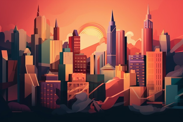 Un'illustrazione colorata di una città con una grande città sullo sfondo.