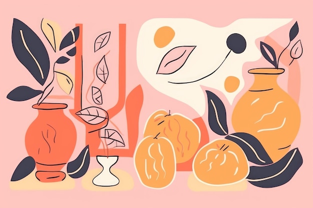 Un'illustrazione colorata di una collezione di frutta e ceramica.