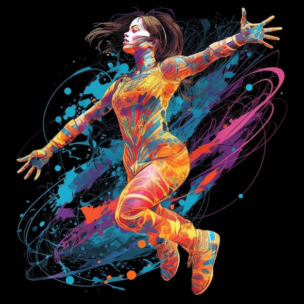 Un'illustrazione colorata di una donna che balla in un salto.