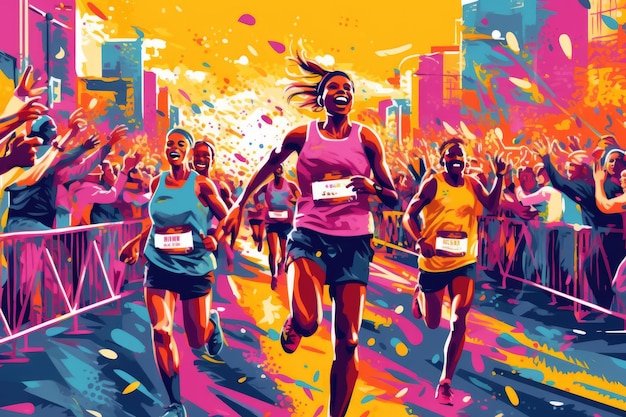 Un'illustrazione colorata di una donna che corre in una maratona.