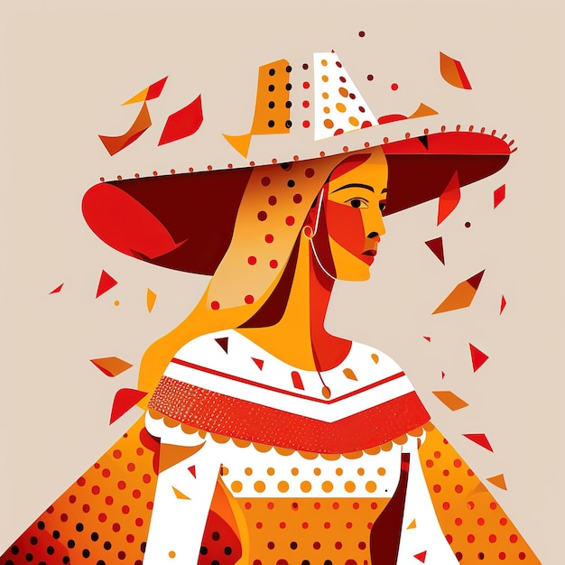 Un'illustrazione colorata di una donna in un abito tradizionale con un cappello sopra.