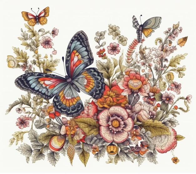 Un'illustrazione colorata di una farfalla e fiori.