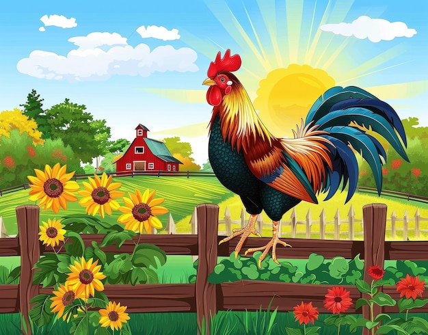 un'illustrazione colorata di una fattoria con un pollo e una recinzione