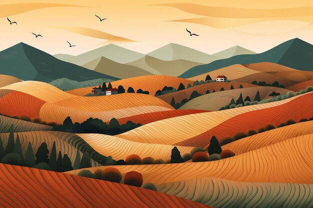 Un'illustrazione colorata di una fattoria con una casa in lontananza