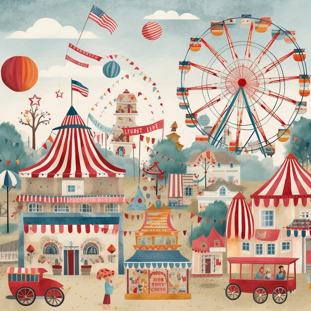 Un'illustrazione colorata di una fiera con una ruota panoramica e un cartello che dice "fiera".