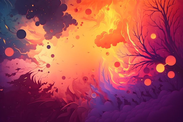 Un'illustrazione colorata di una foresta con un albero e le parole fuoco su di esso.